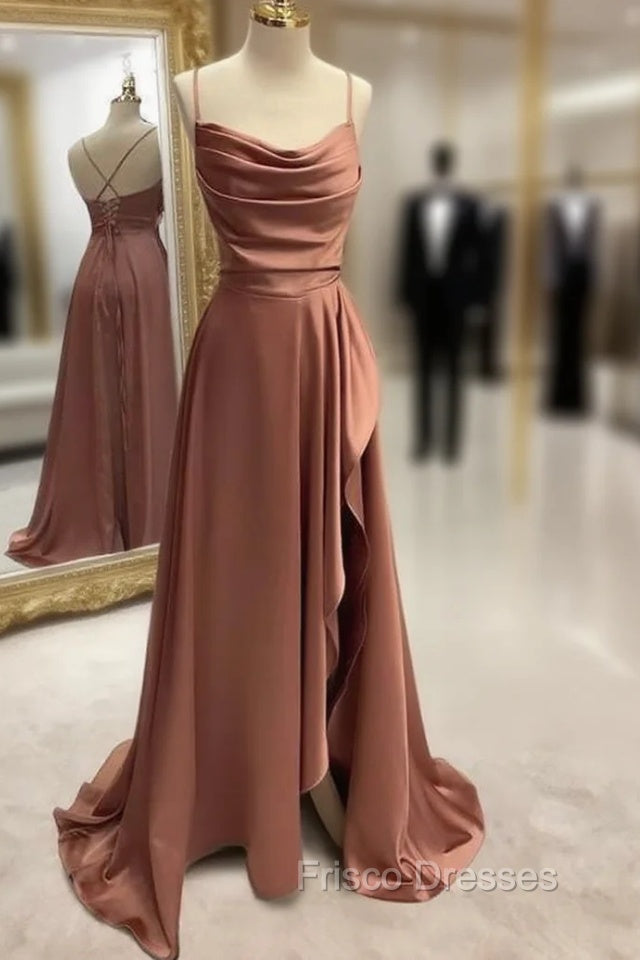 Simple Formal Prom Dress, A-line Bateau Spaghetti Straps Long/Floor-Length Satin Formal Prom Dress With Pleated Split Main image
