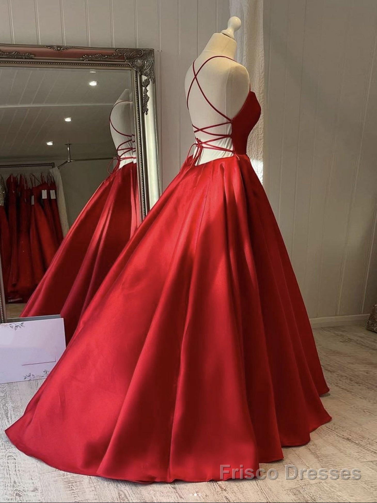 Simple red satin long prom dress, red evening dress Main image