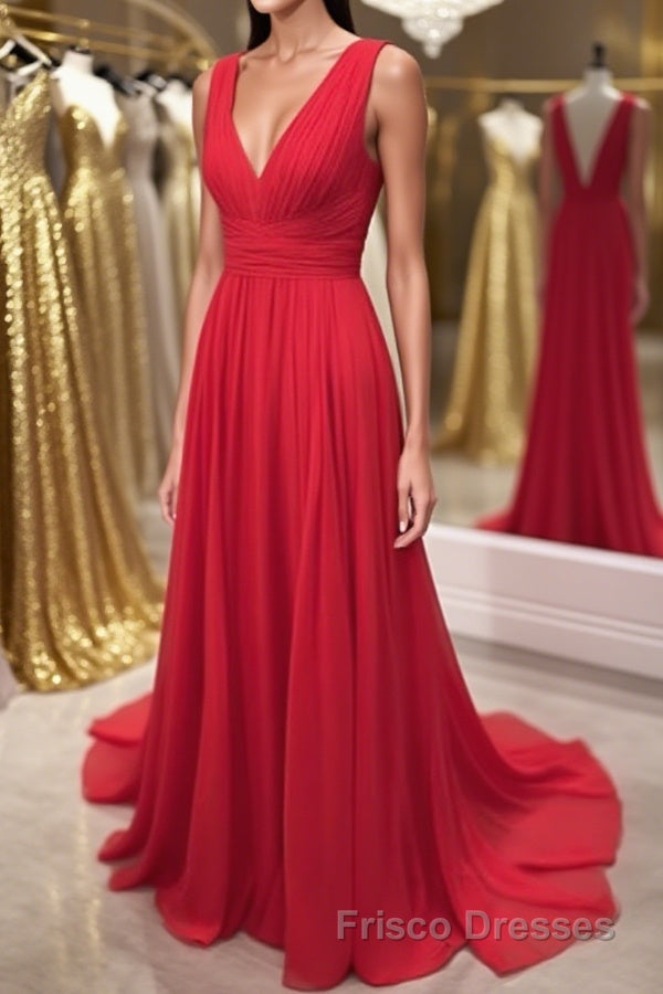 Simple Red V Neck and V Back Chiffon Long Formal Prom Dresses, V Neck Red Long Evening Dresses, Red Formal Dresses, Graduation Dresses