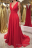 Simple Red V Neck and V Back Chiffon Long Formal Prom Dresses, V Neck Red Long Evening Dresses, Red Formal Dresses, Graduation Dresses