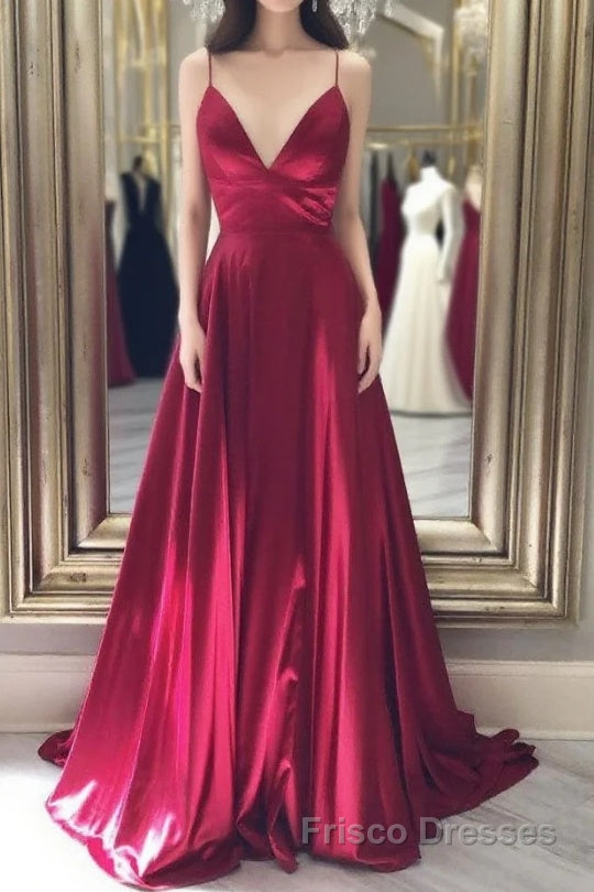 Simple red v neck satin long Formal Prom Dresses, red evening Dresses