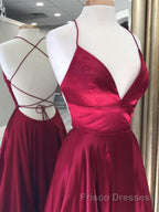 Simple red v neck satin long Formal Prom Dresses, red evening Dresses