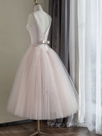 Simple Round Neck Satin Short Formal Prom Dress, Pink Tulle Bridesmaid Dress