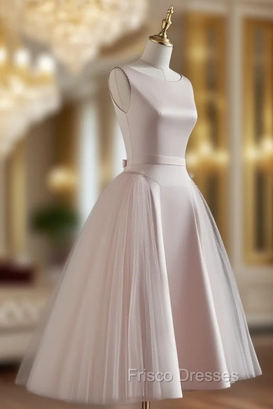 Simple Round Neck Satin Short Formal Prom Dress, Pink Tulle Bridesmaid Dress Main image