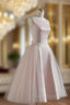 Simple Round Neck Satin Short Formal Prom Dress, Pink Tulle Bridesmaid Dress