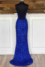 Simple Royal Blue Glitters Prom Dresses Long High Slit Party Formal Dress Lace-Up
