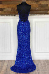 Simple Royal Blue Glitters Prom Dresses Long High Slit Party Formal Dress Lace-Up