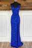 Simple Royal Blue Glitters Prom Dresses Long High Slit Party Formal Dress Lace-Up