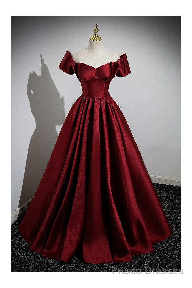 Simple Satin Burgundy Long Evening Gown with Short Sleeves