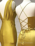 Simple Satin Gold Long Formal Prom Dress, Gold Satin Long Formal Dress