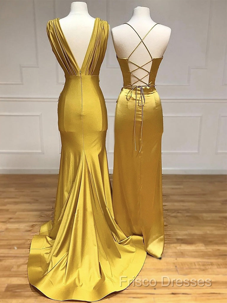 Simple Satin Gold Long Formal Prom Dress, Gold Satin Long Formal Dress