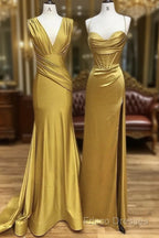 Simple Satin Gold Long Formal Prom Dress, Gold Satin Long Formal Dress