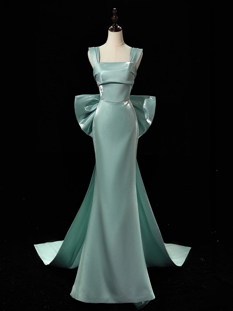 Simple Satin Green Long Prom Dress, Green Long Formal Dress With Bow Tie Main image