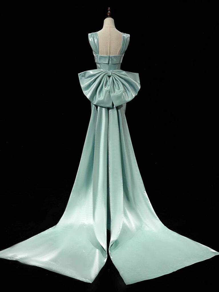 Simple Satin Green Long Prom Dress, Green Long Formal Dress With Bow Tie