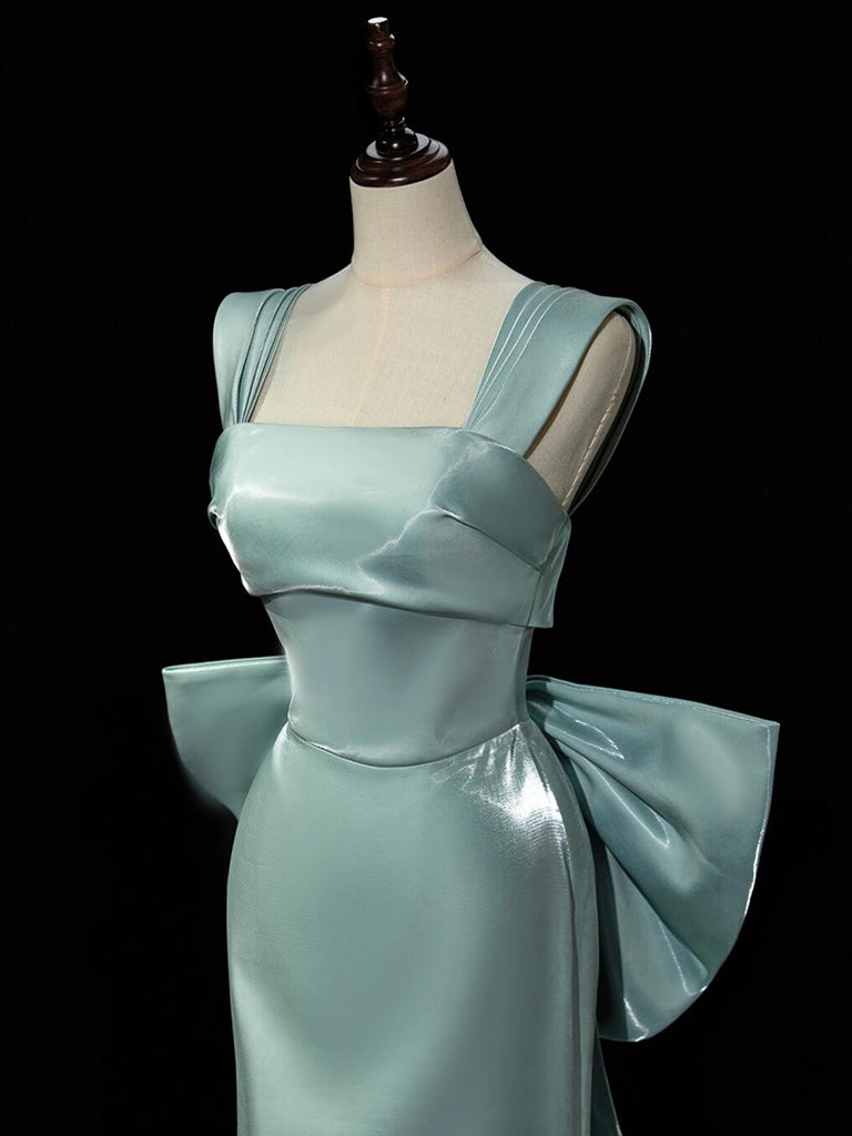 Simple Satin Green Long Prom Dress, Green Long Formal Dress With Bow Tie