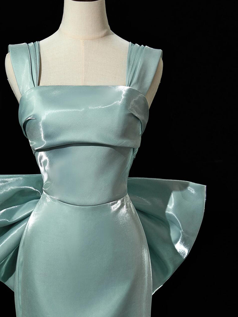 Simple Satin Green Long Prom Dress, Green Long Formal Dress With Bow Tie
