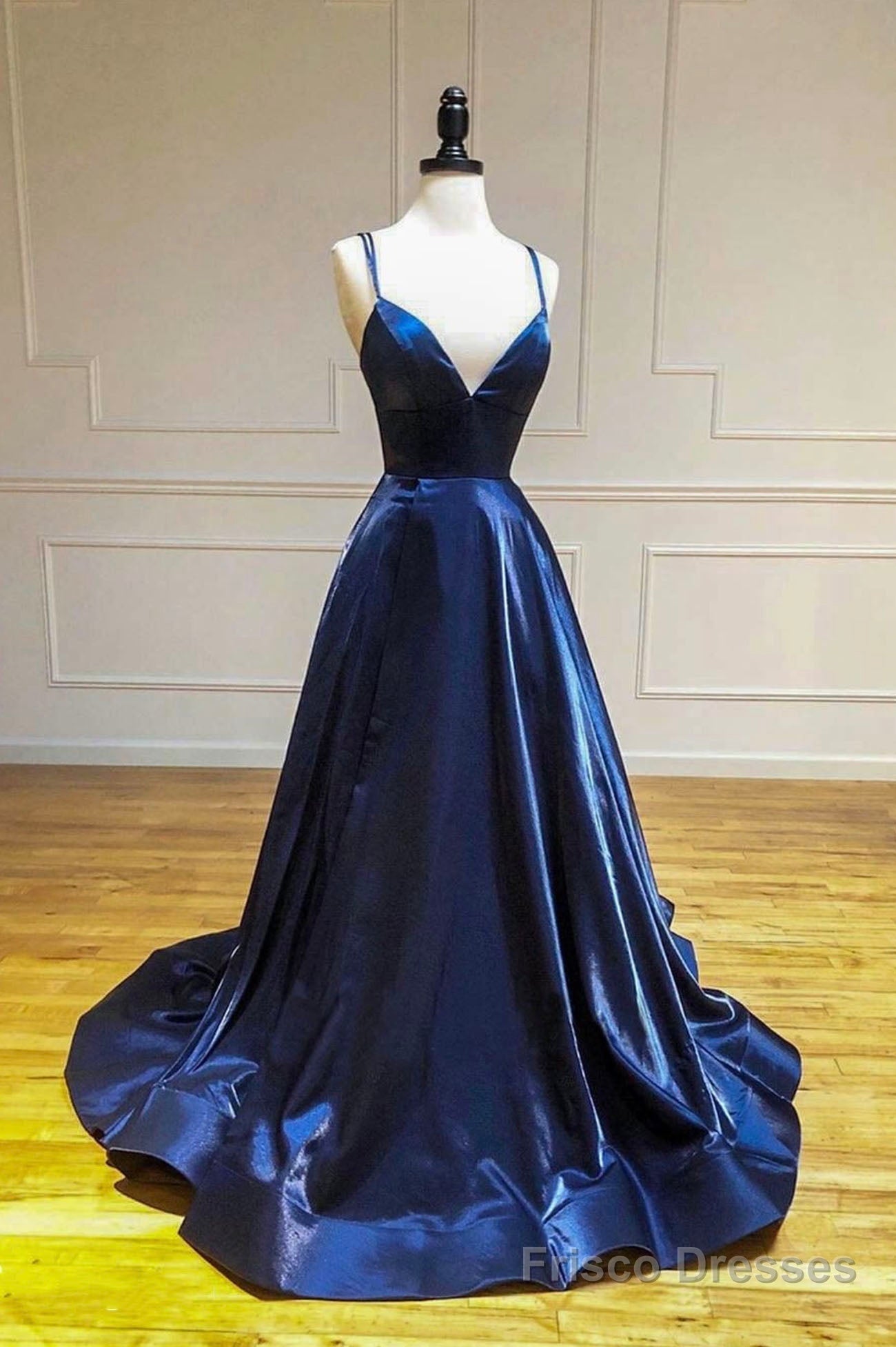 Simple Satin Long A-Line Prom Dress, Blue Spaghetti Strap Evening Party Dress Main image