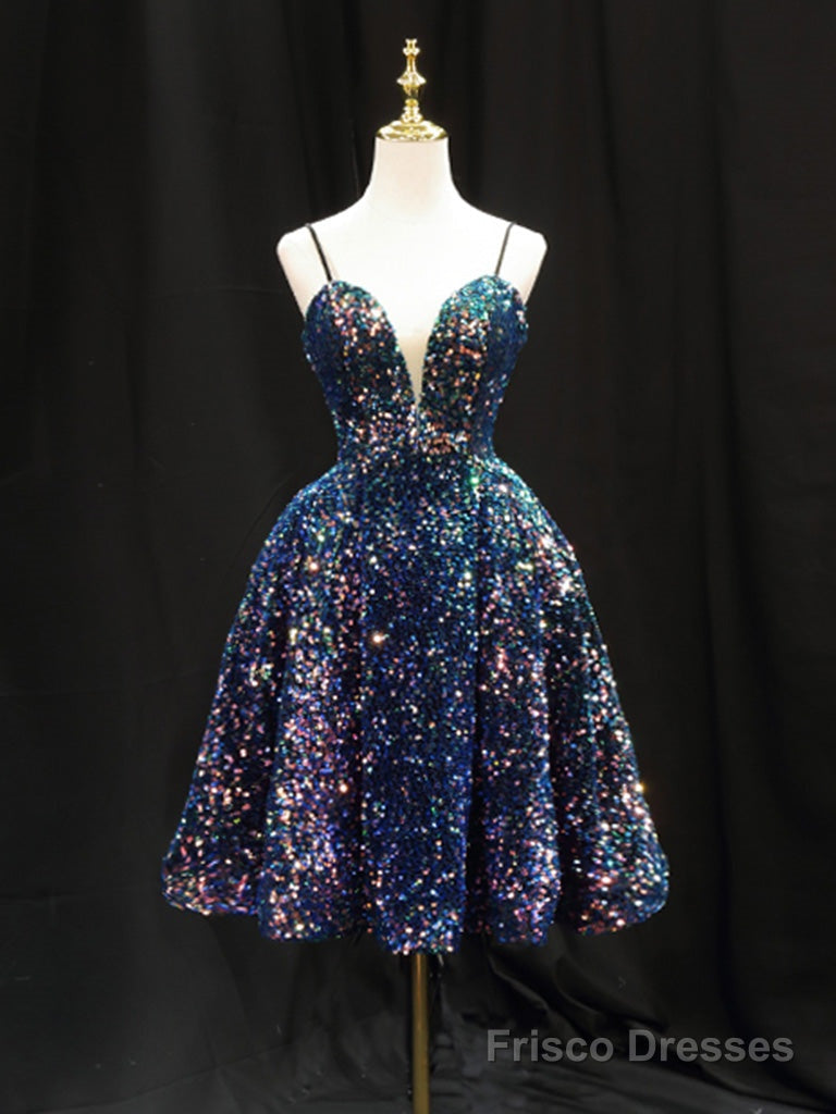 Simple Sequin Blue Short Prom Dress, Blue Homecoming Dress Main image