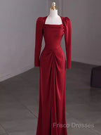 Simple Sheath Long Sleeves Red Formal Prom Dress Formal Dress