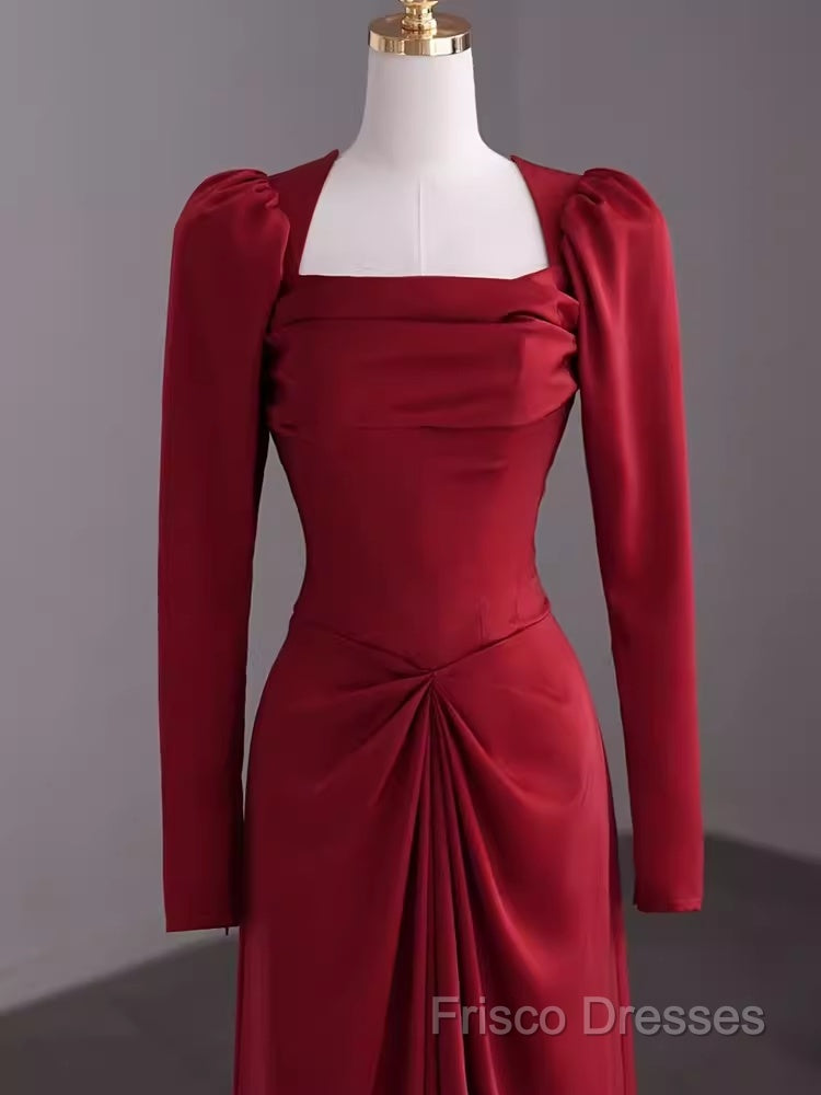 Simple Sheath Long Sleeves Red Formal Prom Dress Formal Dress