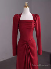 Simple Sheath Long Sleeves Red Prom Dress Evening Dress