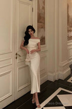 Simple Sheath Off The Shoulder White Satin Date Night Dress Prom Dresses Birthday Outfit