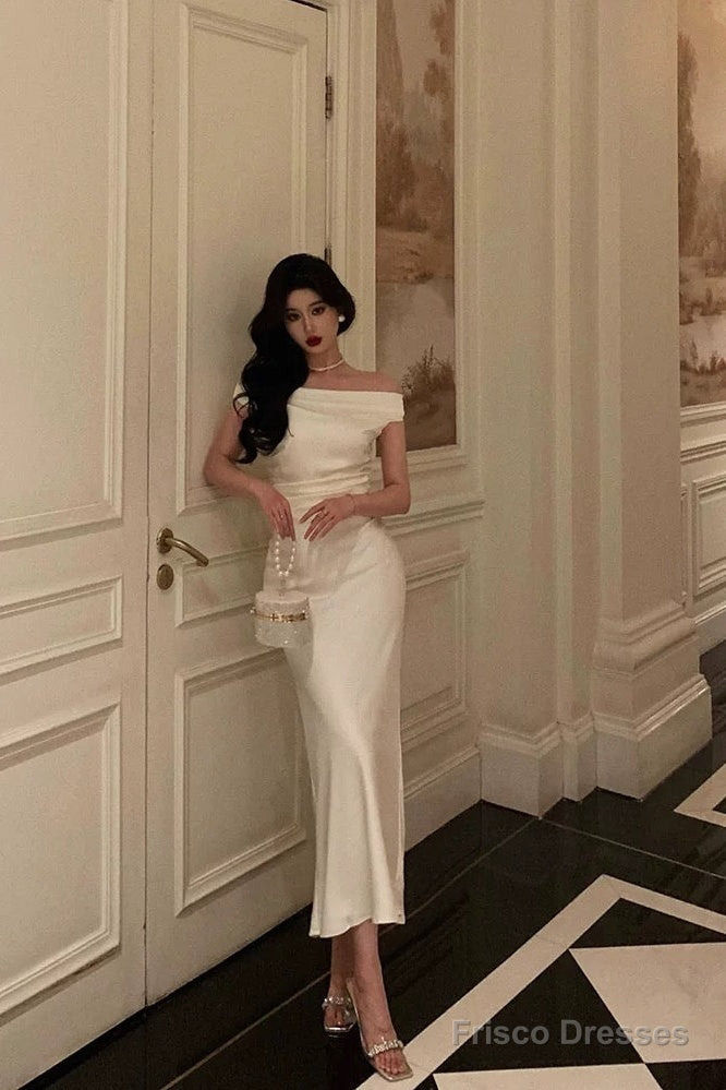 Simple Sheath Off The Shoulder White Satin Date Night Dress Prom Dresses Birthday Outfit
