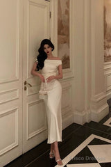 Simple Sheath Off The Shoulder White Satin Date Night Dress Prom Dresses Birthday Outfit