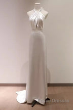 Simple Sheath Satin White Long Wedding Dress Backless Brides Dress