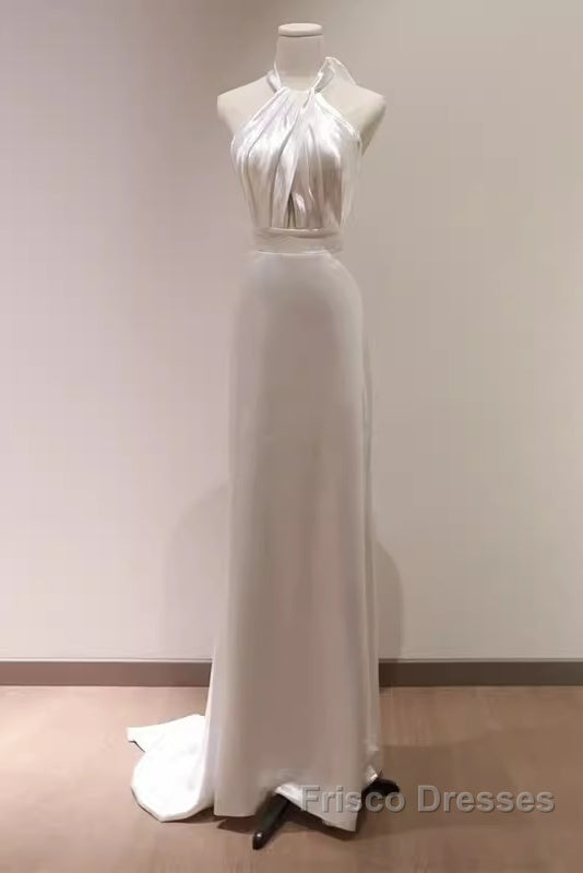 Simple Sheath Satin White Long Wedding Dress Backless Brides Dress