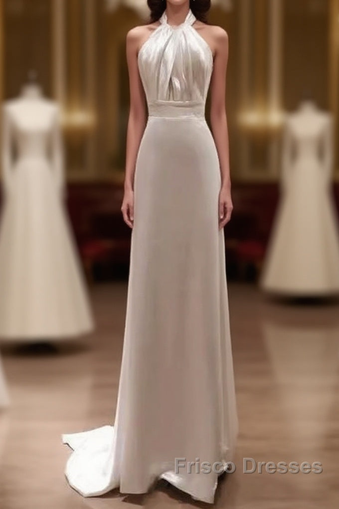 Simple Sheath Satin White Long Wedding Dress Backless Brides Dress Main image