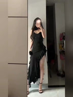 Simple Sheath Spaghetti Straps Black Satin Vacation Beach Dress Long Birthday Dresses