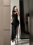 Simple Sheath Spaghetti Straps Black Satin Vacation Beach Dress Long Birthday Dresses