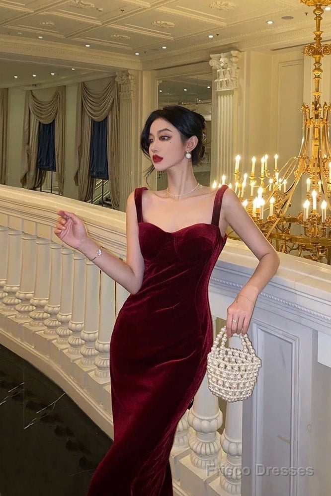 Simple Sheath Straps Burgundy Velvet Date Night Dress Prom Dresses Birthday Outfit Secondary image