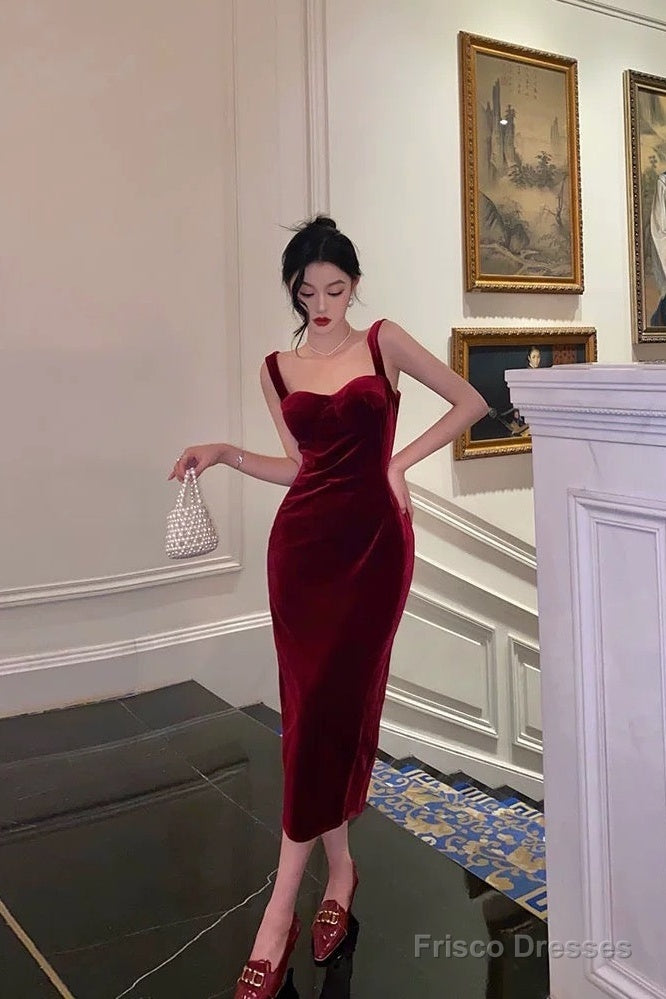 Simple Sheath Straps Burgundy Velvet Date Night Dress Prom Dresses Birthday Outfit Main image