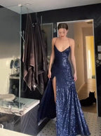 Simple Sheath Straps Long Navy Blue Slit Sequin Prom Dress