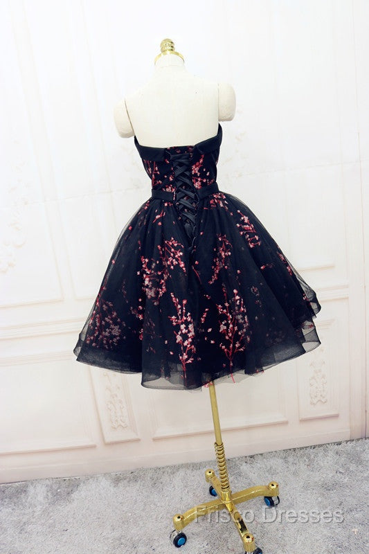 Simple Short Black Tulle Party Dress With Floral, Lovely Short Formal Prom Dress Secondary image