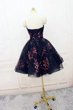 Simple Short Black Tulle Party Dress With Floral, Lovely Short Formal Prom Dress