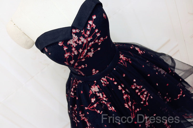 Simple Short Black Tulle Party Dress With Floral, Lovely Short Formal Prom Dress