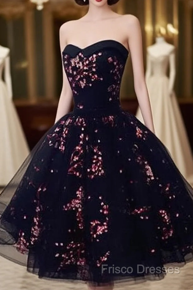 Simple Short Black Tulle Party Dress With Floral, Lovely Short Formal Prom Dress Main image