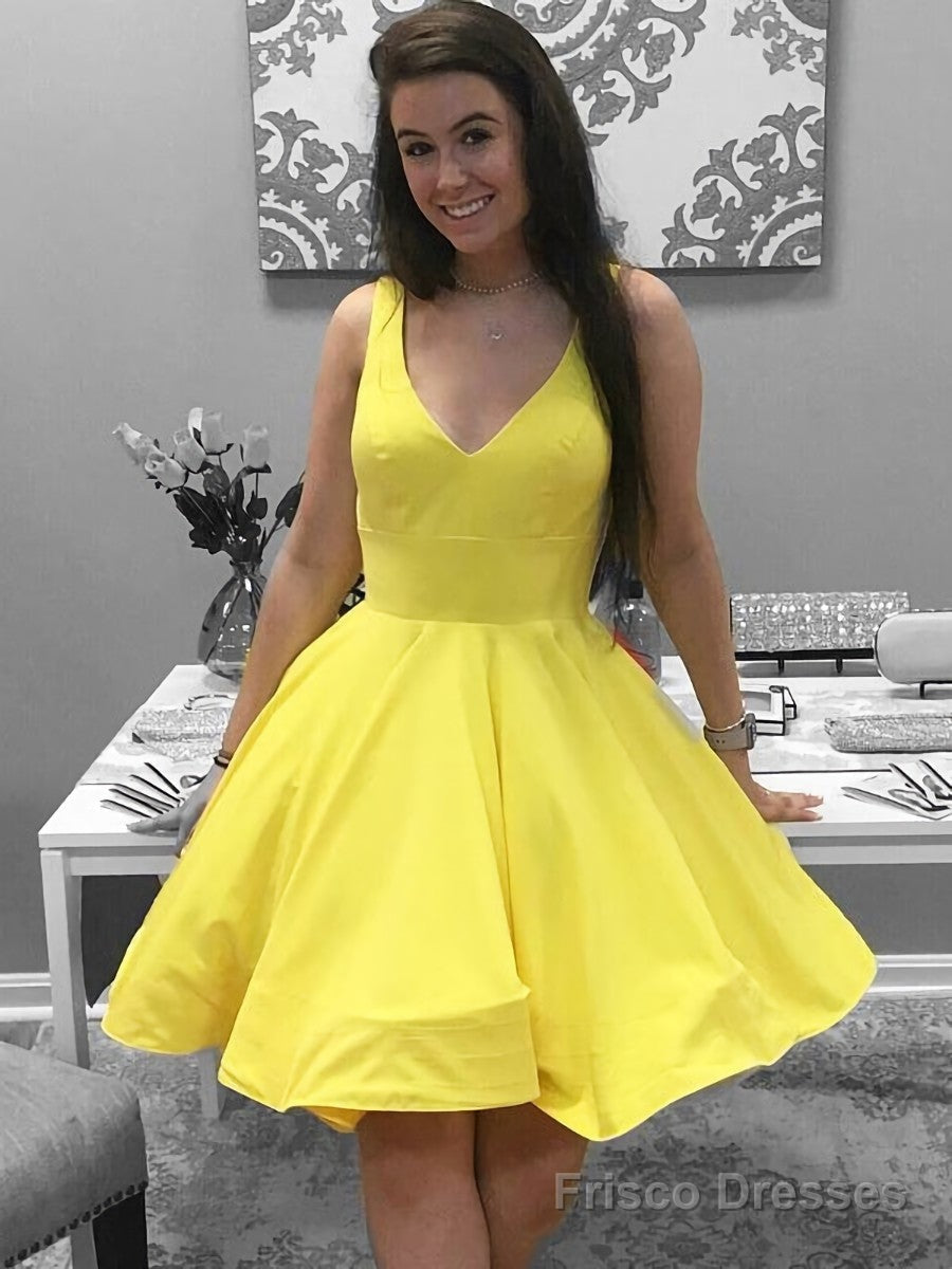 Simple Short V Neck Yellow Red Satin Prom Dresses, Short Red Yellow Formal Homecoming Dresses Main image