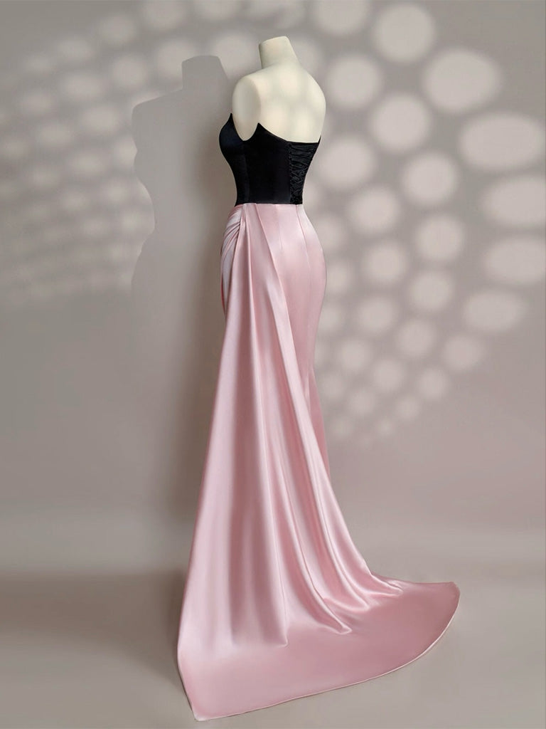 Simple Slit Pleated Mermaid Satin Sweep Train Pink Long Prom Dress Secondary image