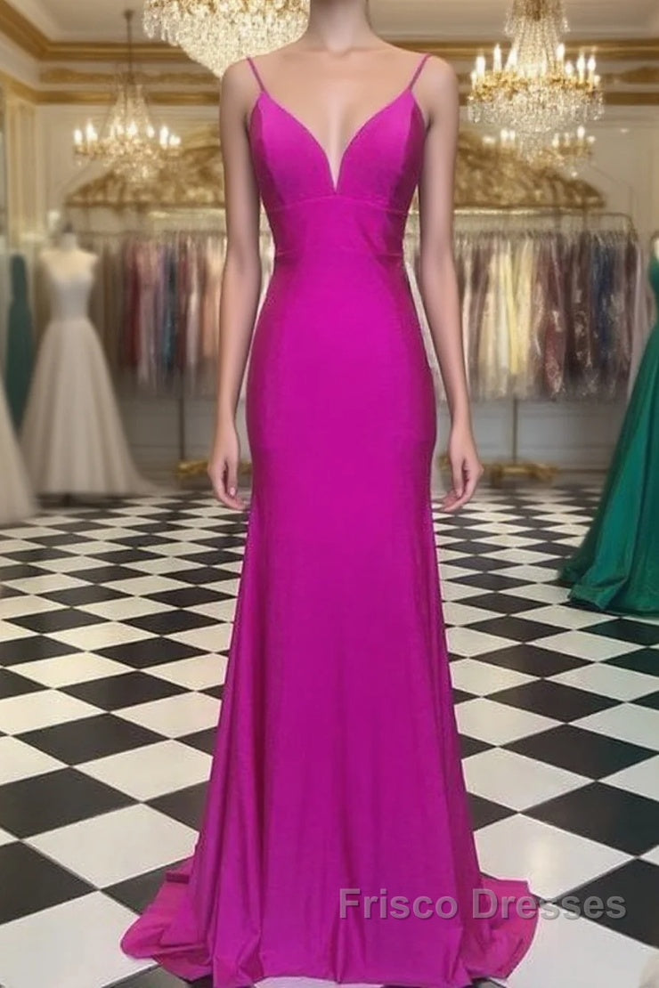 Simple Spagehtti Straps Fuchsia Satin Mermaid Formal Prom Dress Main image