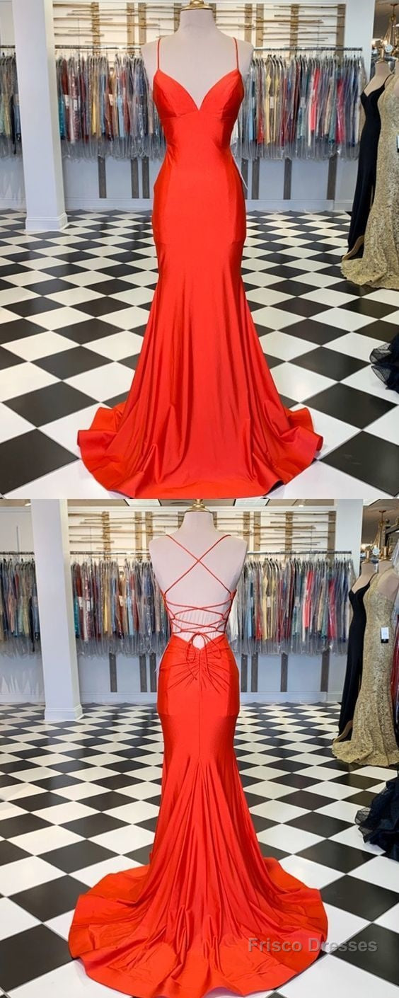 Simple Spaghetti Straps Orange Satin Mermaid Prom Dress Main image