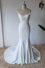 Simple Spaghetti Straps Satin Mermaid Ivory Wedding Dress Bridal Gown