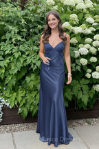 Simple Spaghetti Straps V-neck Sheath Satin Prom Dress