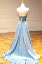 Simple sweetheart blue long Formal Prom Dresses blue long evening Dresses