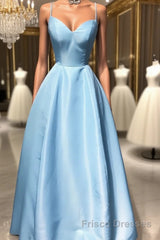 Simple sweetheart blue satin long Formal Prom Dresses, blue evening Dresses
