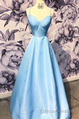 Simple sweetheart blue satin long Formal Prom Dresses, blue evening Dresses
