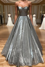 Simple sweetheart neck gray satin long Formal Prom Dresses gray formal party Dresses